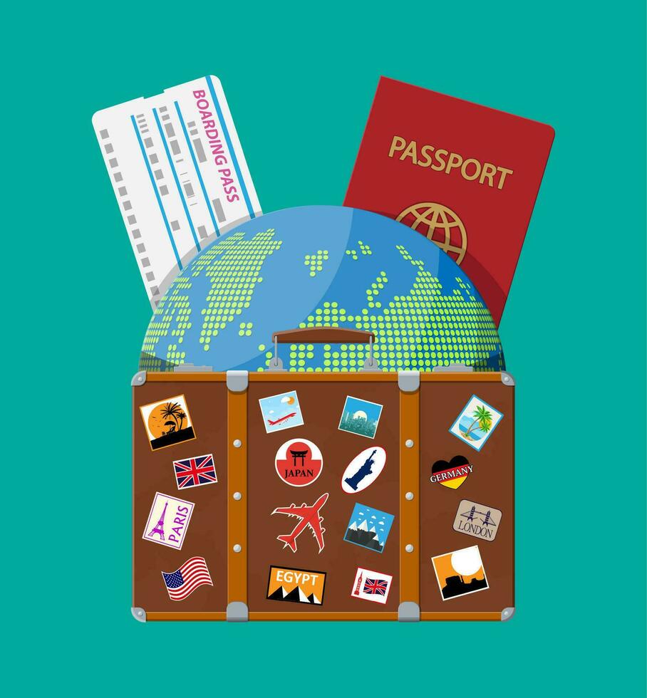 Travel suitcase with stickers of countrys and citys all over the world. Globe with travel destinations. Passport and boarding pass. Vacation and holiday. Vector illistration in flat style