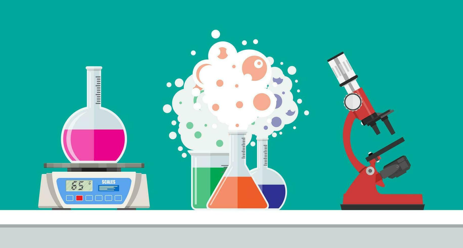 Laboratory equipment, jars, beakers, flasks, microscope and scales. Biology science education medical. Vector illustration in flat style