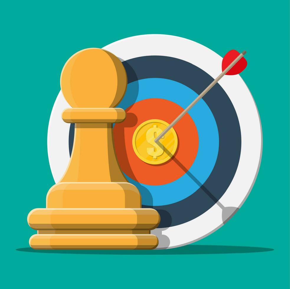 Target with arrow and gold coin, chess pawn. Goal setting. Smart goal. Business target concept. Achievement and success. Vector illustration in flat style