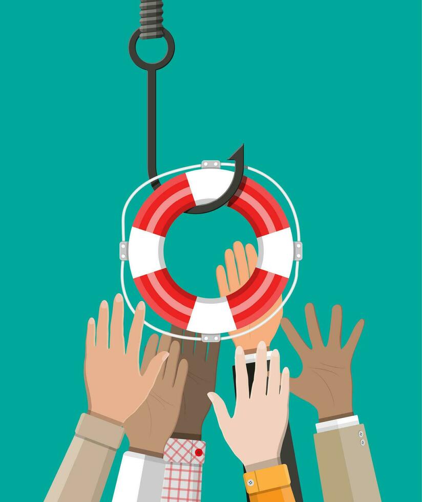 Fishing hook with lifebuoy and hands. Trap on hook. Losing, bankruptcy, devalue, deficit, fraud,crime and lie. Vector illustration in flat style