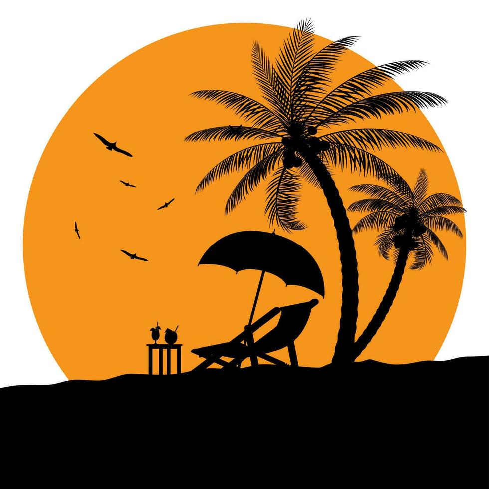 Silhouette of wooden chaise lounge, palm tree on beach. Umbrella and table with coconut and cocktail. Day in tropical place. Vector illustration