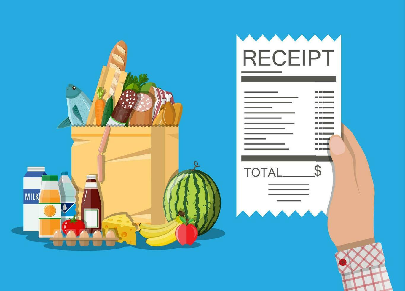 Hand with receipt. Shopping paper bag with food and drinks. Vector illustration in flat style