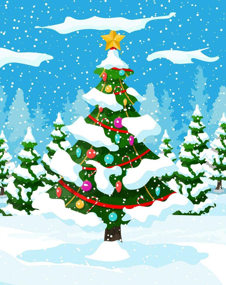 Christmas background. Christmas tree with garlands and balls. Winter landscape with fir trees forest and snowing. Happy new year celebration. New year xmas holiday. Vector illustration flat style