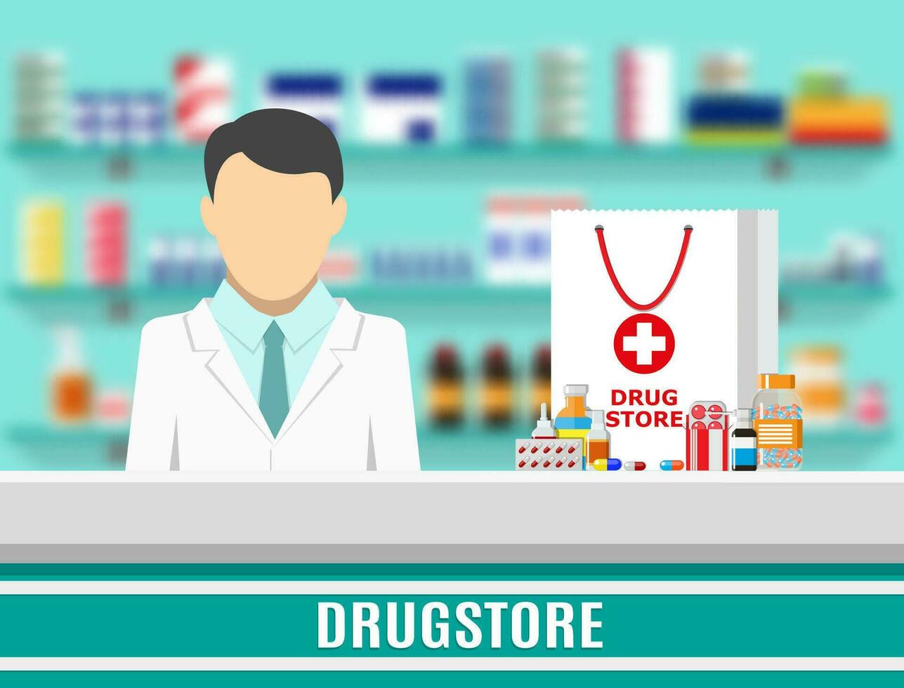 Modern interior pharmacy or drugstore. Medicine products on shelves. Male pharmacist. Shopping bag with different medical pills and bottles, healthcare and shopping. Vector illustration in flat style