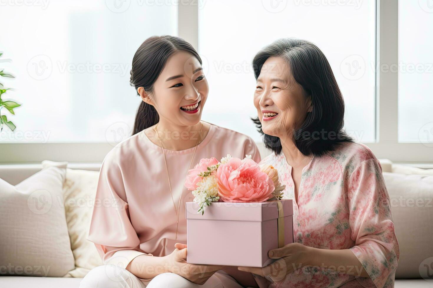 AI generated beautiful young women give gifts to mothers. photo