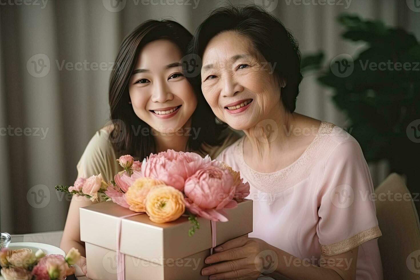 AI generated beautiful young women give gifts to mothers. photo