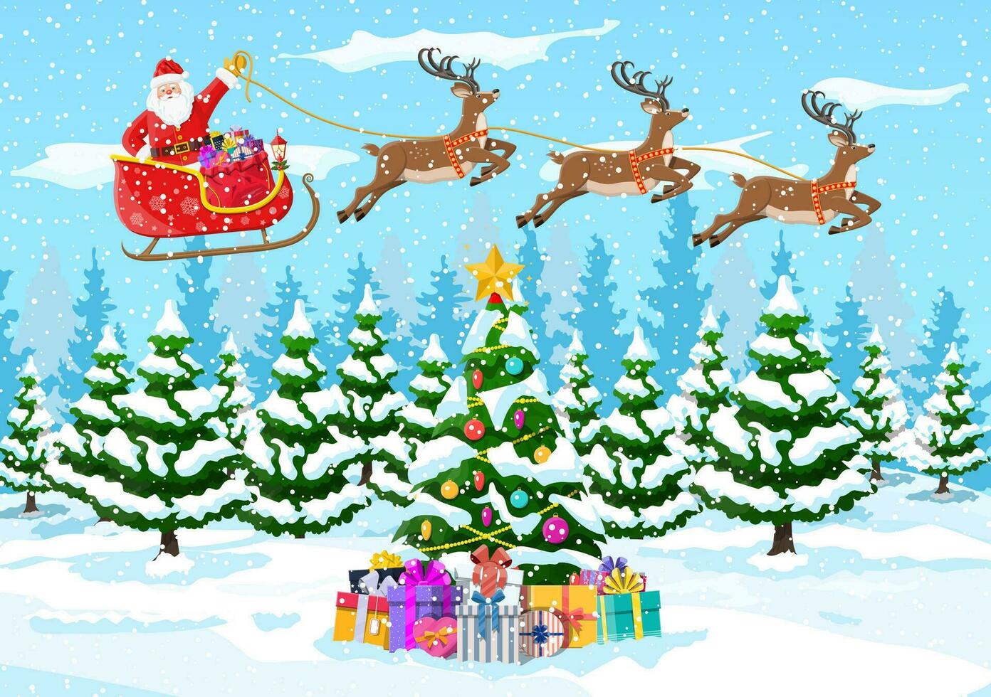 Christmas tree, santa claus with reindeer and sleigh. Winter landscape with fir trees forest and snowing. Happy new year celebration. New year xmas holiday. Vector illustration flat style