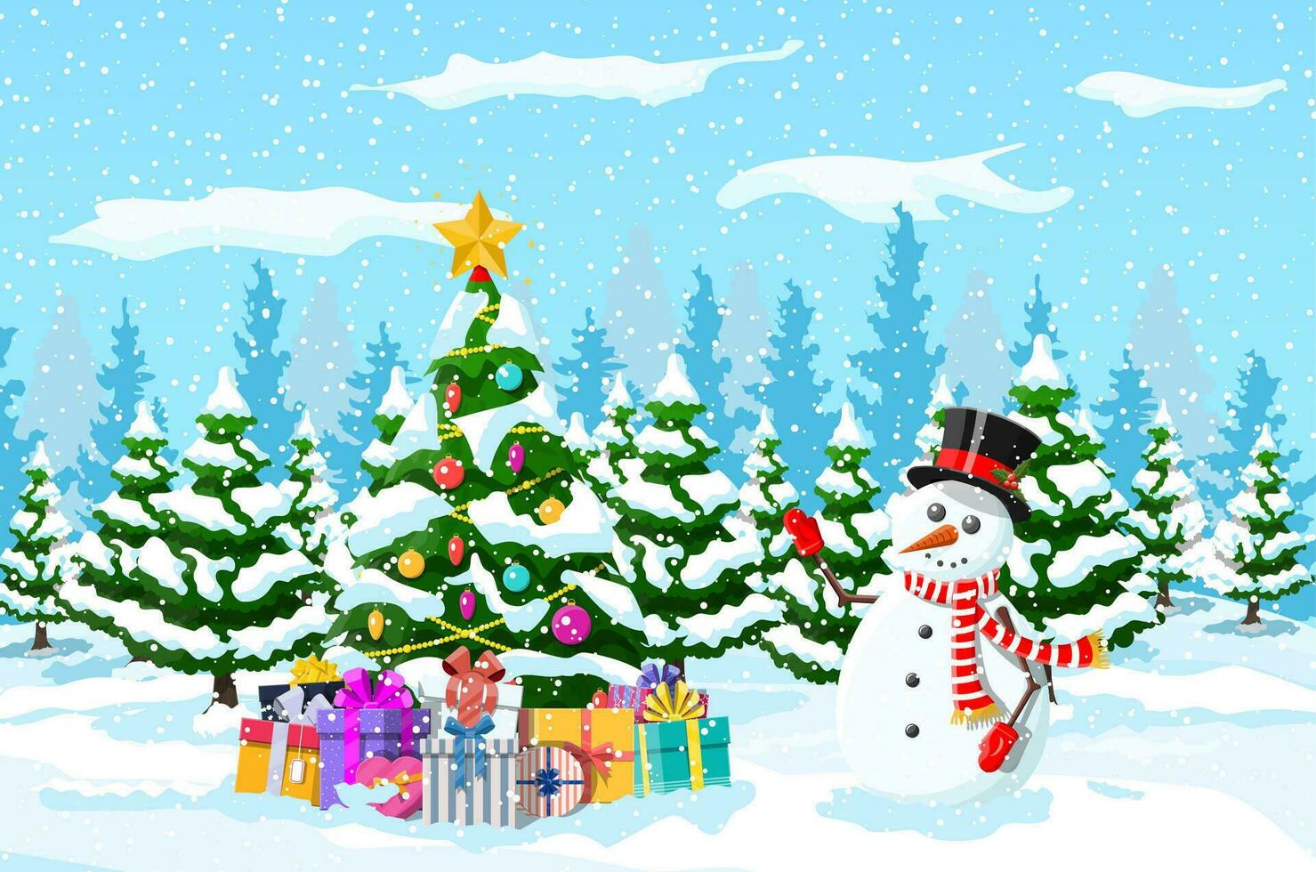 Christmas background. Christmas tree with garlands balls gift boxes snowman. Winter landscape fir trees forest snowing. Happy new year celebration new year xmas holiday. Vector illustration flat style