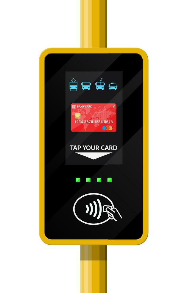 Terminal for passenger transport card. Airport, metro, bus, subway ticket terminal validator. Wireless, contactless or cashless payments, rfid nfc. Vector illustration in flat style