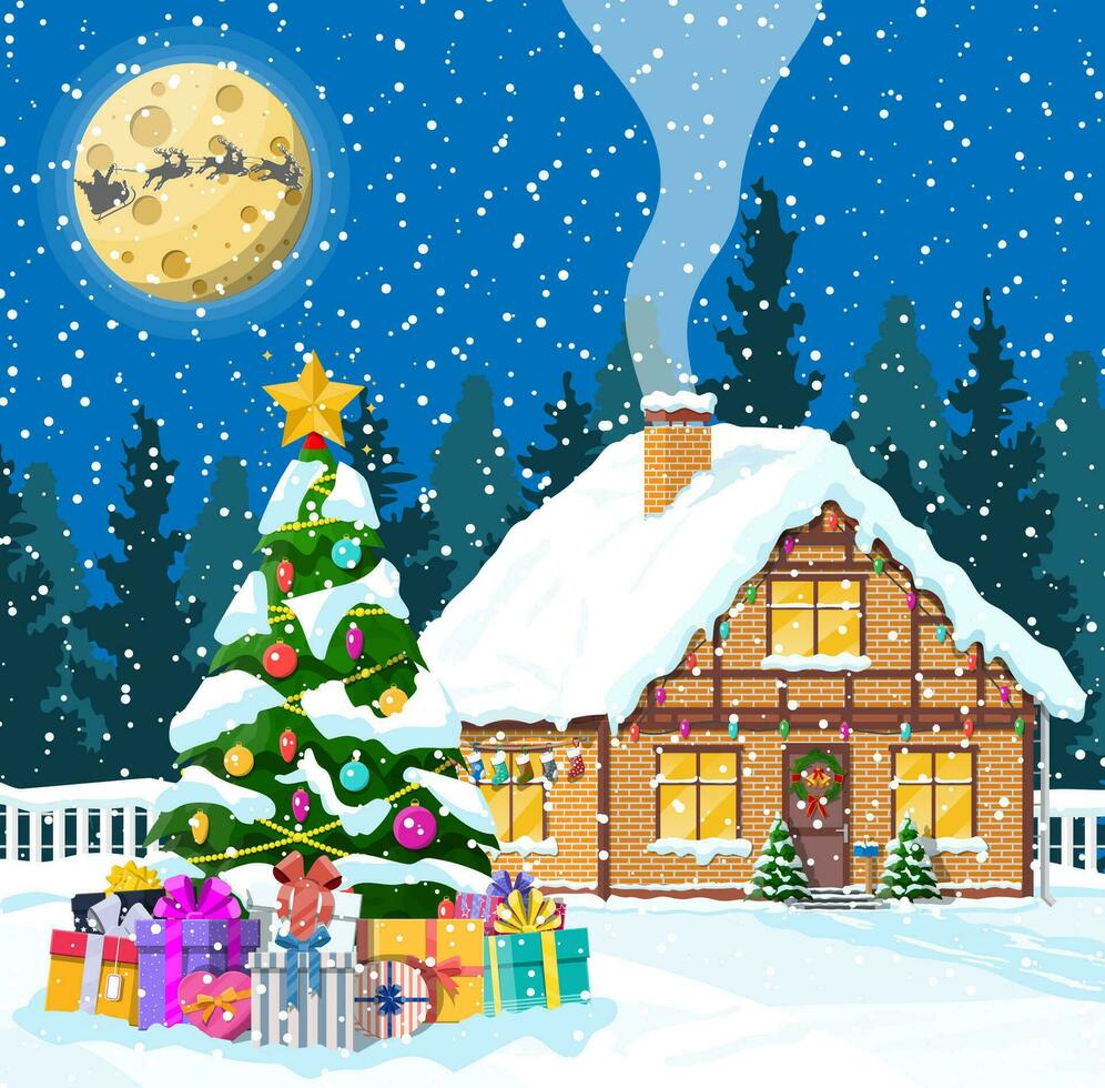 suburbano casa cubierto nieve. edificio en fiesta ornamento. Navidad paisaje árbol, Papa Noel trineo renos nuevo año decoración. alegre Navidad fiesta Navidad celebracion. vector ilustración