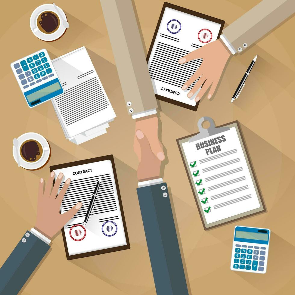 two businessman shake hands after the signed contract . top view of Desk with coffee, calculator, contract papers. vector illustration in flat design