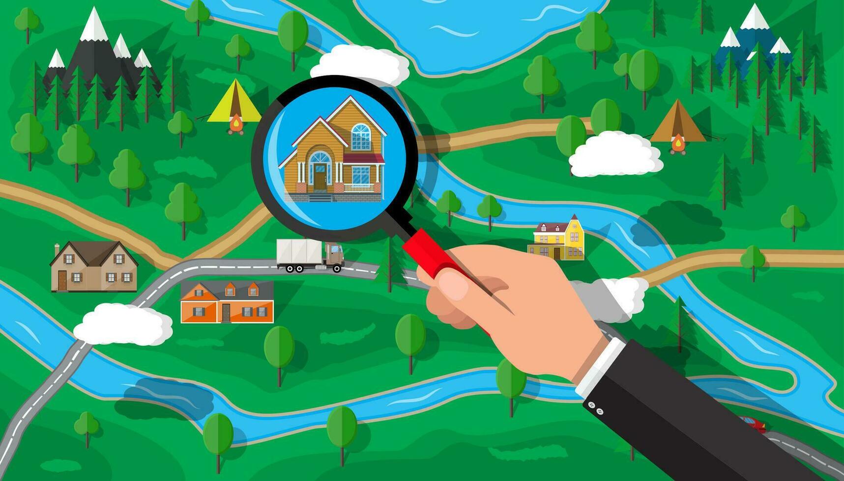 Hand with magnifying glass selects house. Village, trees, road, sky and clouds. Real estate, sale and rent house. Vector illustration in flat style