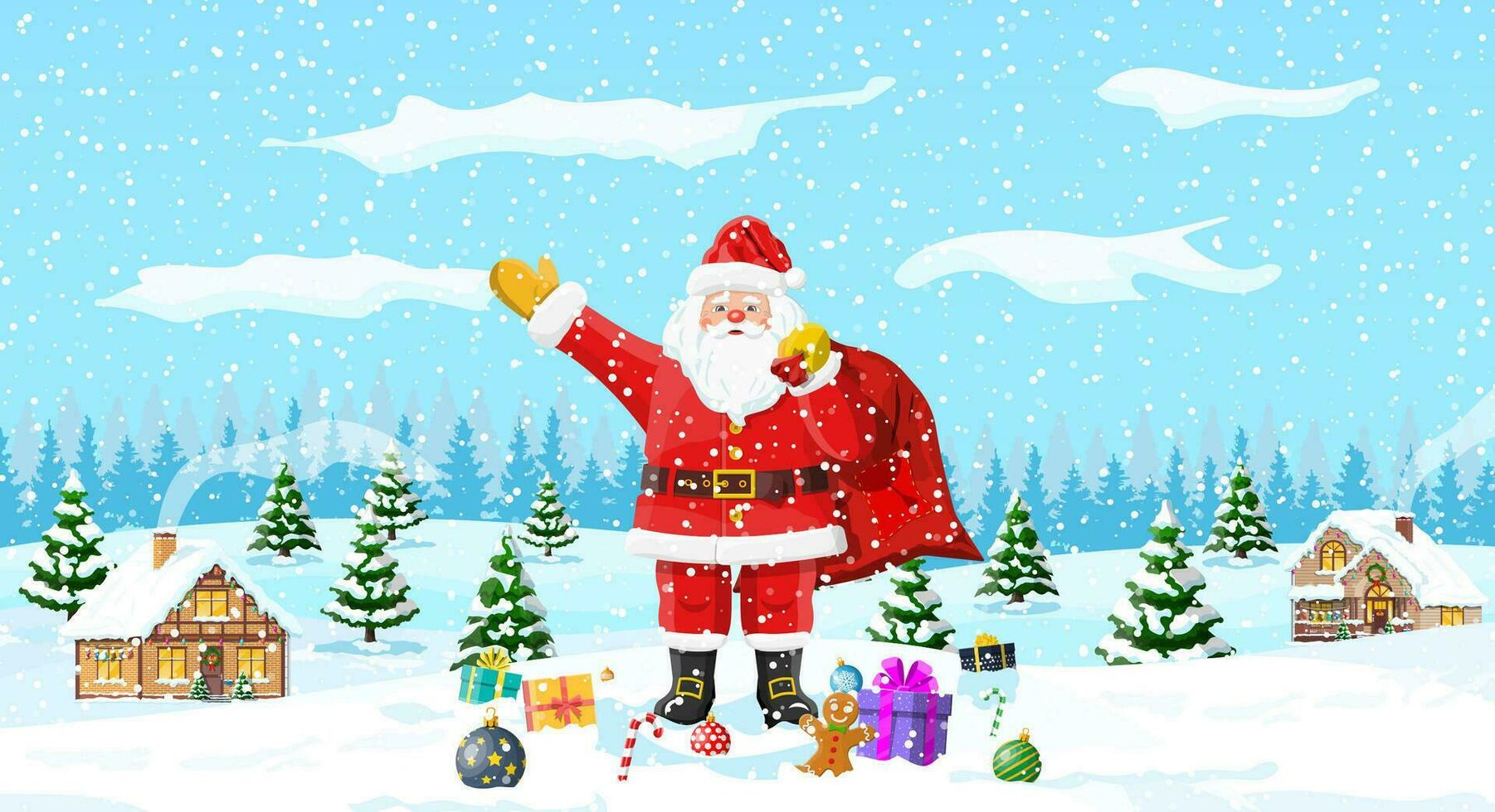 Christmas background. Santa claus with bag with gifts. Winter landscape with fir trees forest and snowing. Village. Happy new year celebration. New year xmas holiday. Vector illustration flat style