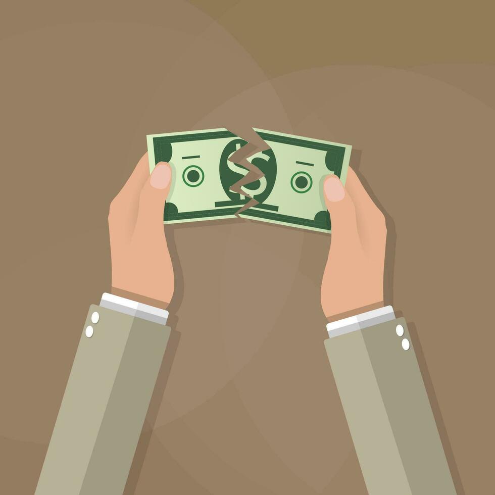 Cartoon businessman hands tearing apart money bill dollar in half. vector illustration in flat design on brown background