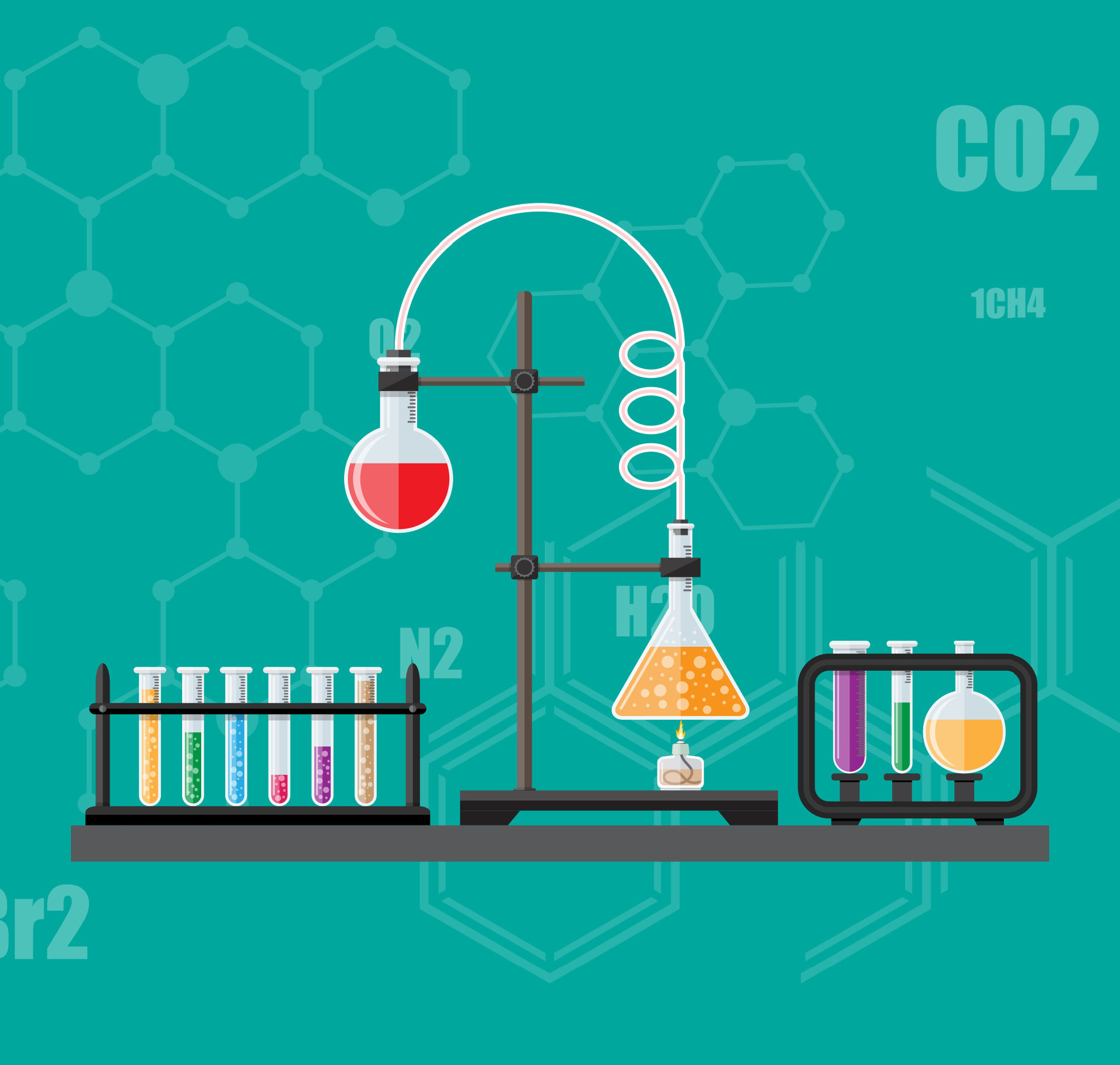 Laboratory equipment, jars, beakers, flasks, spirit lamp on table