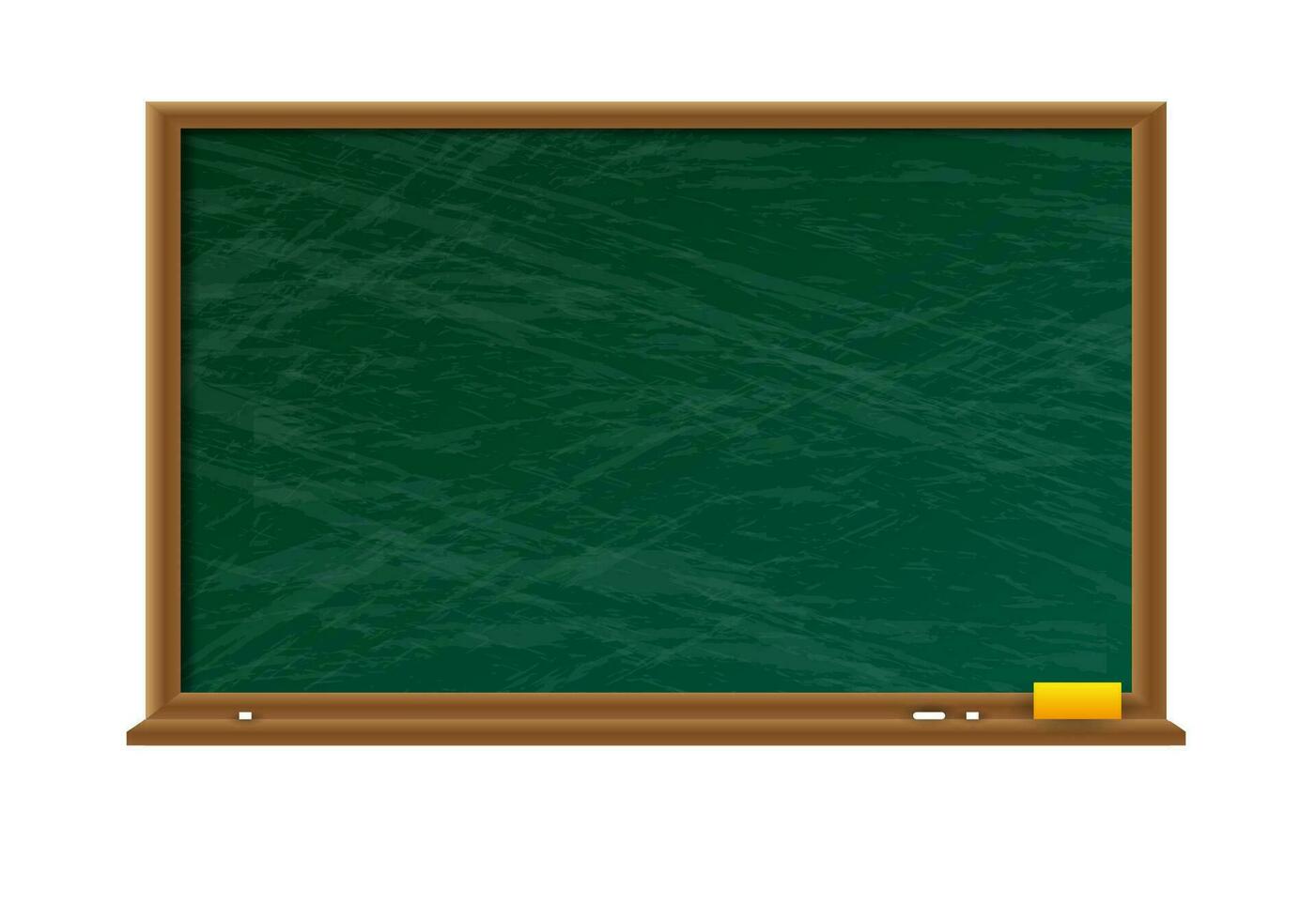 Empty green chalkboard with shadow with wooden frame with yellow sponge and white chalk on white background. vector illustration