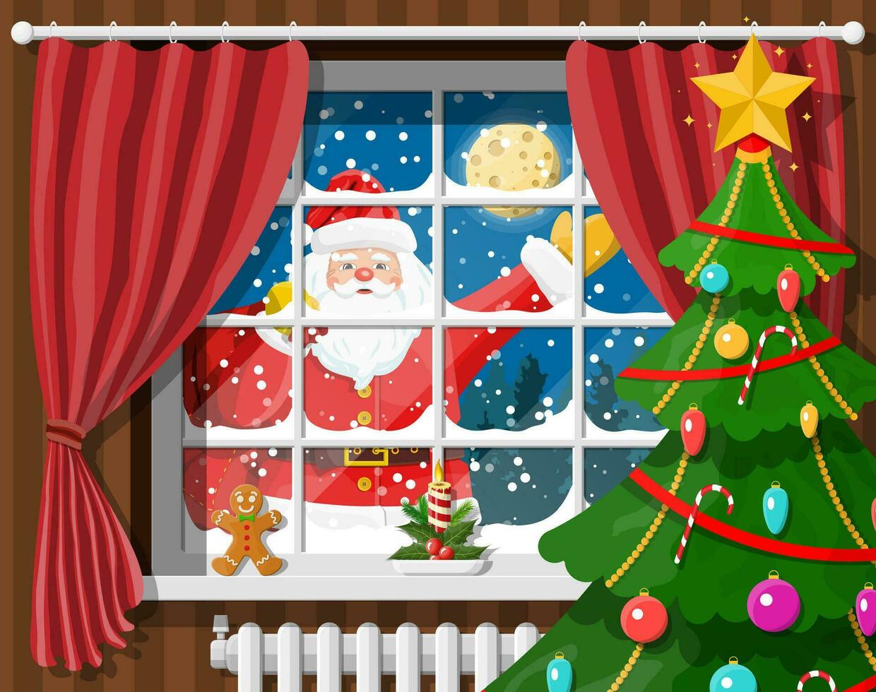 Santa in window of room with christmas tree and gifts. Happy new year decoration. Merry christmas holiday. New year and xmas celebration. Vector illustration flat style