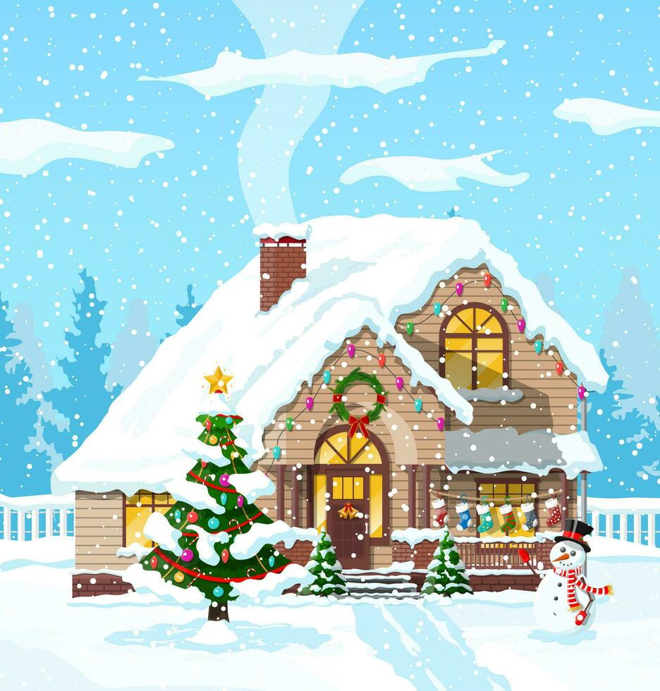 Suburban house covered snow. Building in holiday ornament. Christmas landscape tree spruce, snowman. Happy new year decoration. Merry christmas holiday. New year xmas celebration. Vector illustration