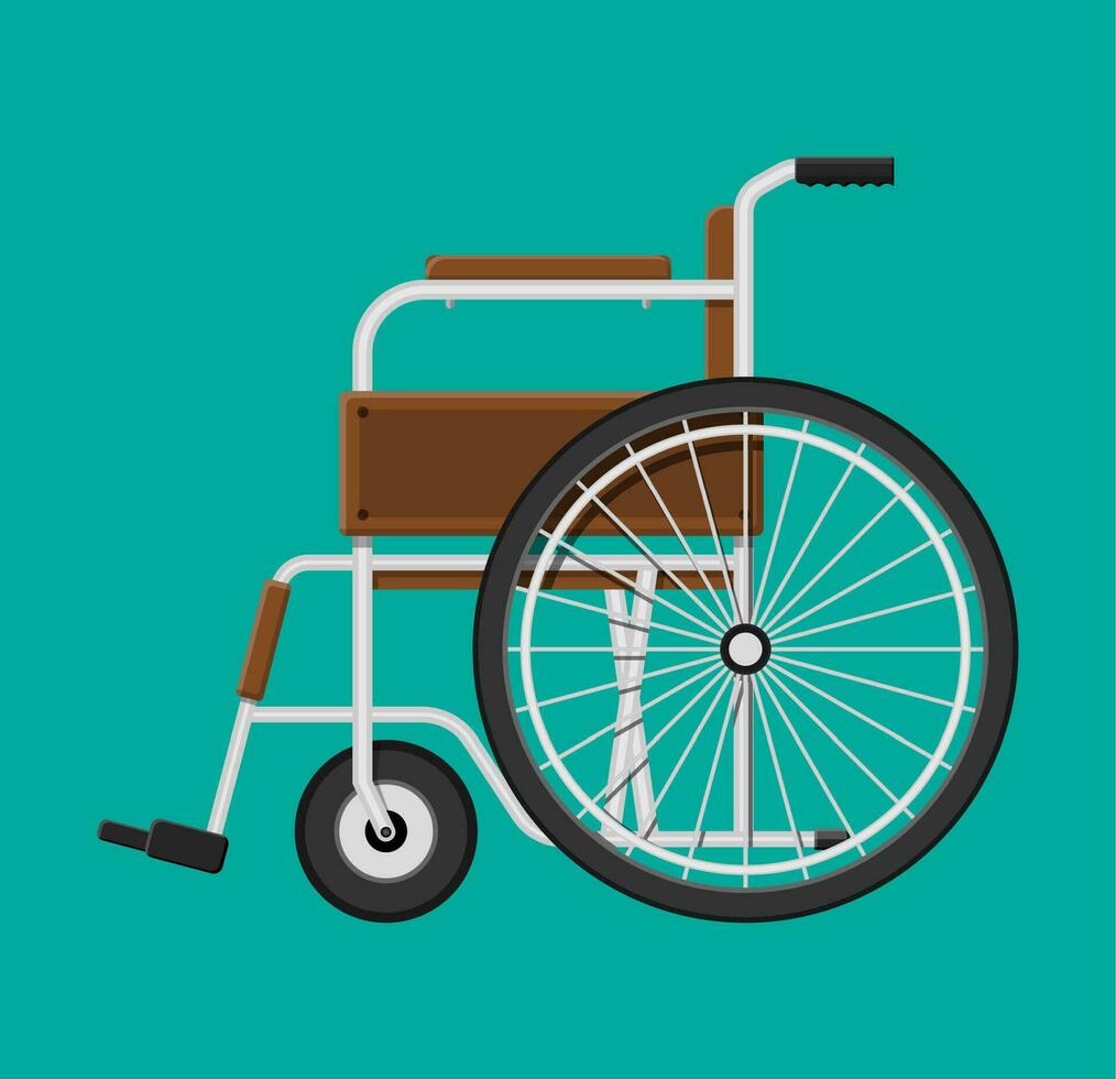 Wheelchair in the hospital. Vehicle for disabled people. Healthcare, hospital and medical diagnostics. Urgency and emergency services. Vector illustration in flat style