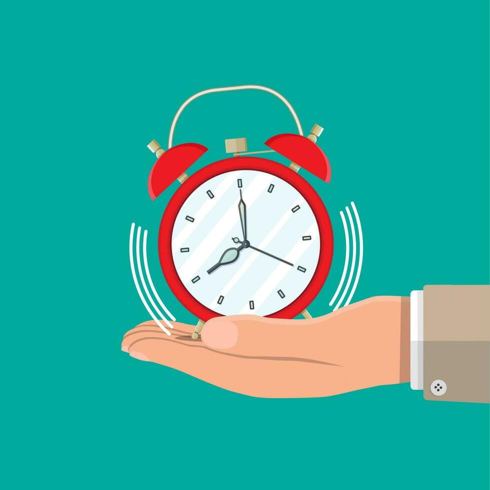 mano con rojo alarma reloj. controlar estrategia y tareas, negocio proyectos planificación hora gestión, fecha límite. hora gestión. vector ilustración plano estilo