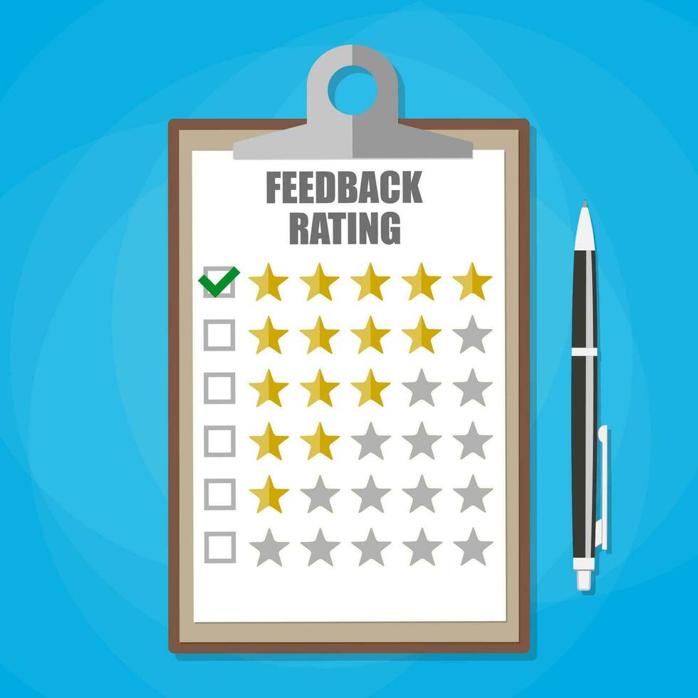 Cartoon leather clipboard with five stars feedback rating and pen. Feedback form, Customer service. vector illustration in flat design on blue background