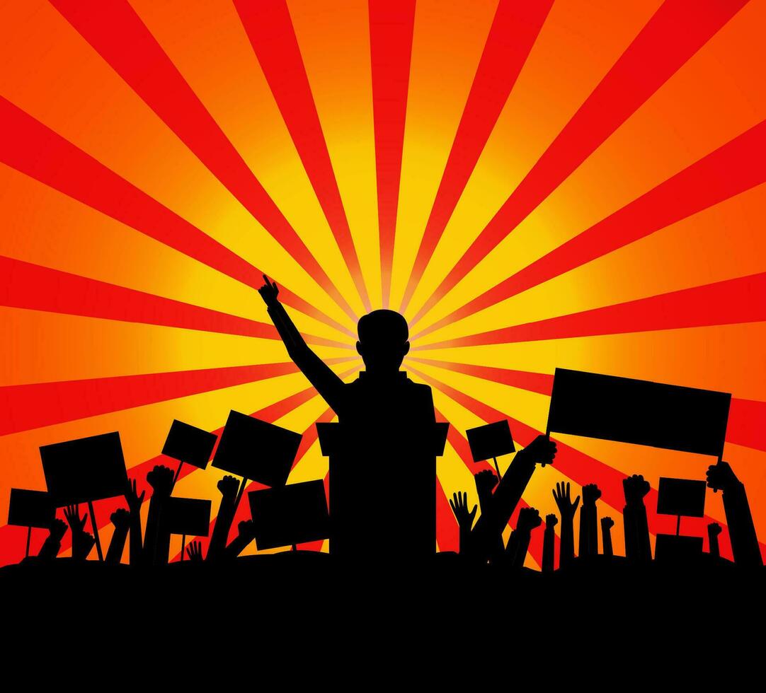 Public speaker politician on the podium in front of a crowd silhouette. vector illustration