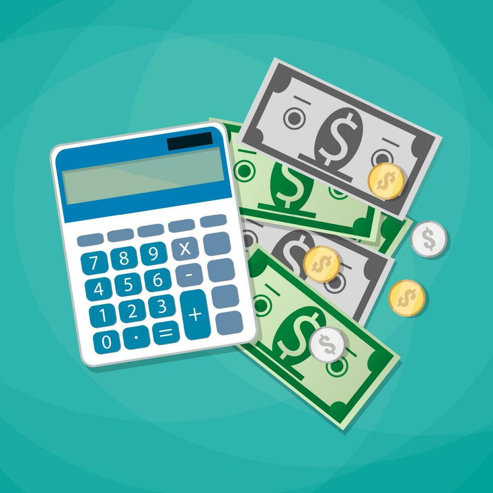 Calculator and dollars cash with coins. calculating costs, investment concpet. vector illustration in flat design on green background