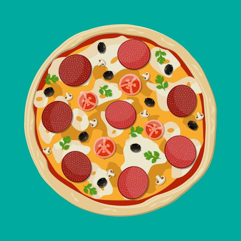 Pizza con pepperoni. tradicional rápido alimento. masa, queso, salami, aceituna, tomate y vegetales. vector ilustración en plano estilo