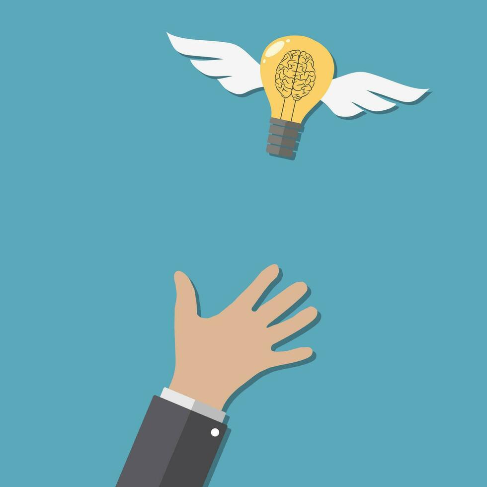 Catching The Flying Idea. Buisness man hand, light bulb with helix-brain with wings at blue backgound in flat design. Concept for web design, infographic. Vector Illustration