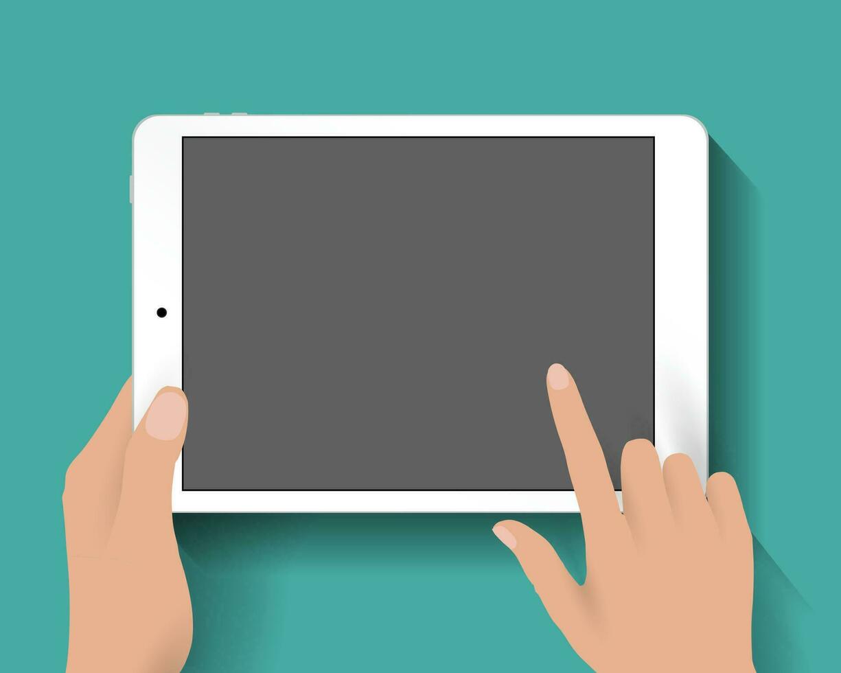 Hand touching screen of white tablet computer at green backgound with shadows. Vector illustration in flat design. Concept for web design, promotion templates, infographics. vector illustration