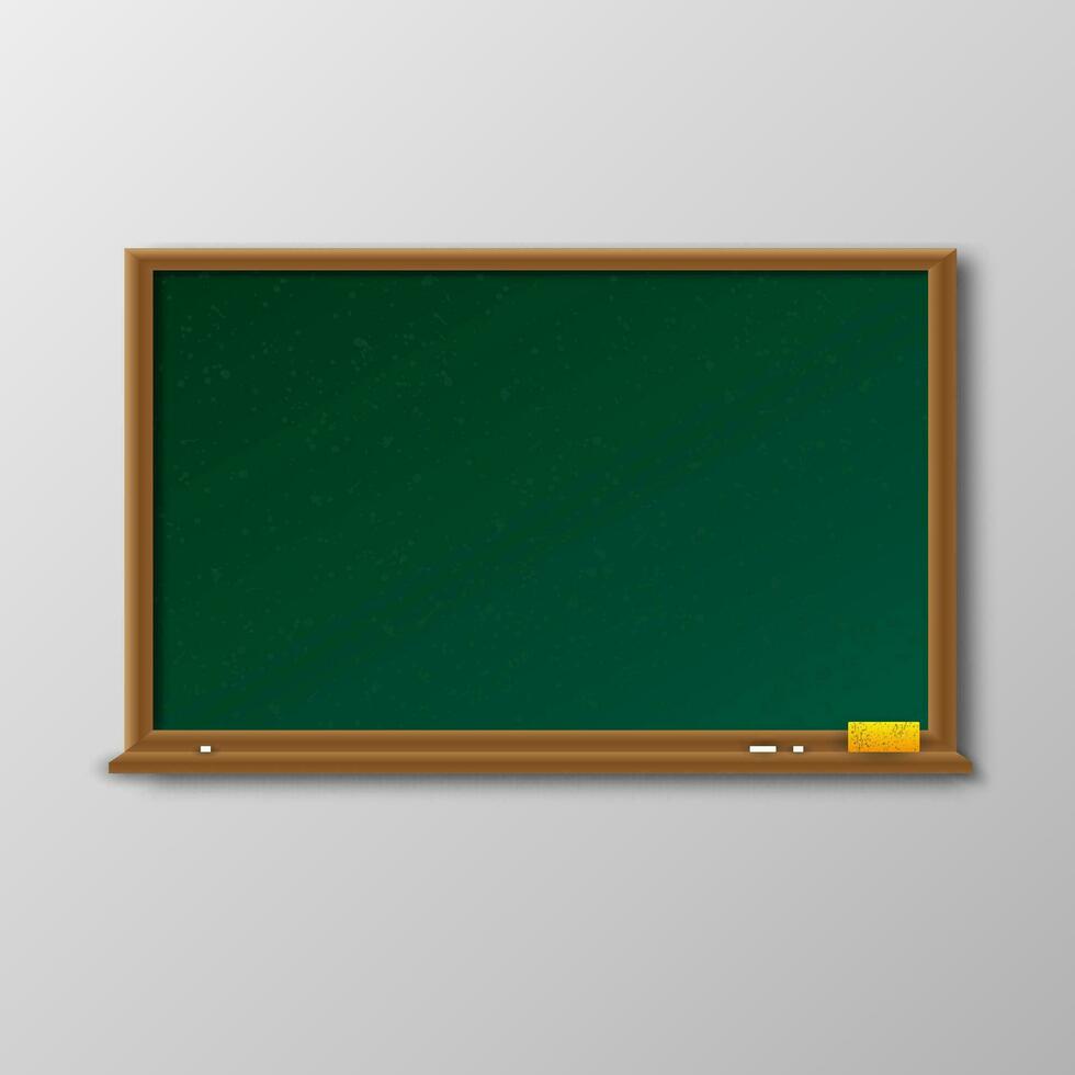 Empty green chalkboard with shadow with wooden frame with yellow sponge and white chalk on light background. template for cards. web design. vector illustration