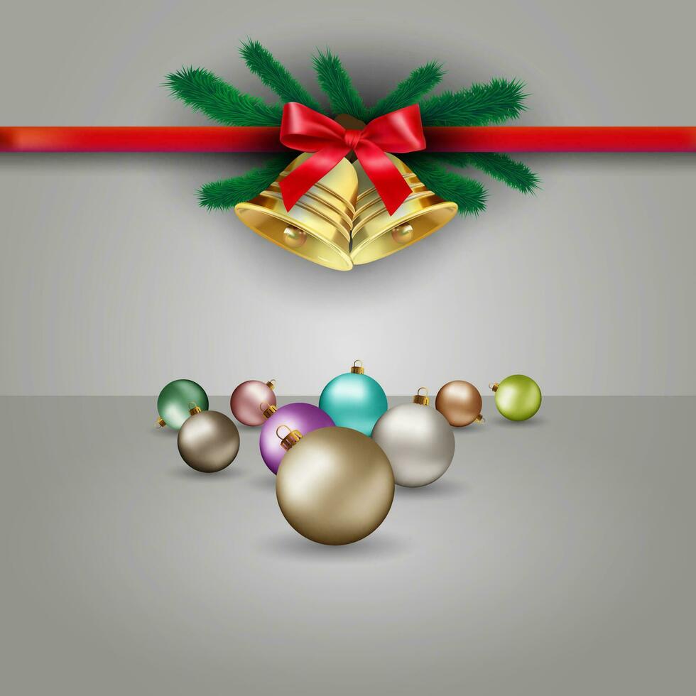 Christmas grey background with red silver gold blue and green glass balls, bow with bell and fur branches at red ribbon, template for greeting or postal card, vector illustration