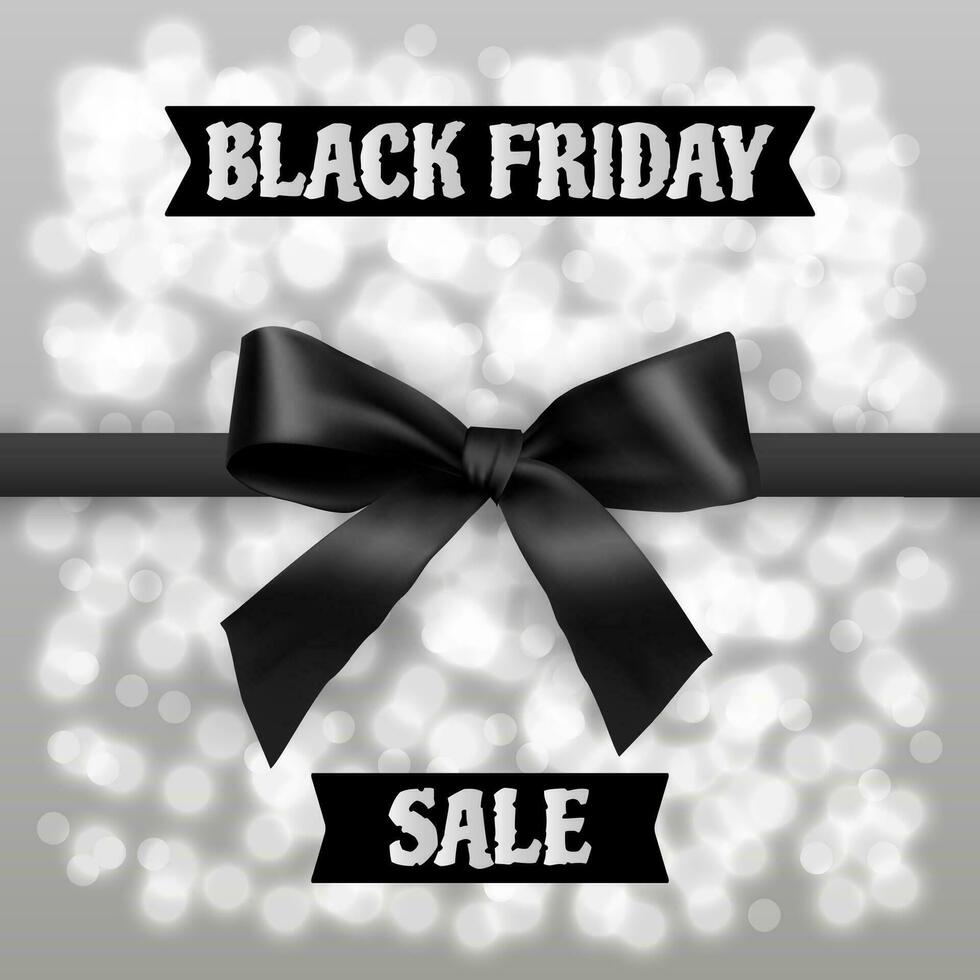Black bow and ribbon at light background with light sparks and text black friday. Idea for seasonal sale promotion. vector illustration