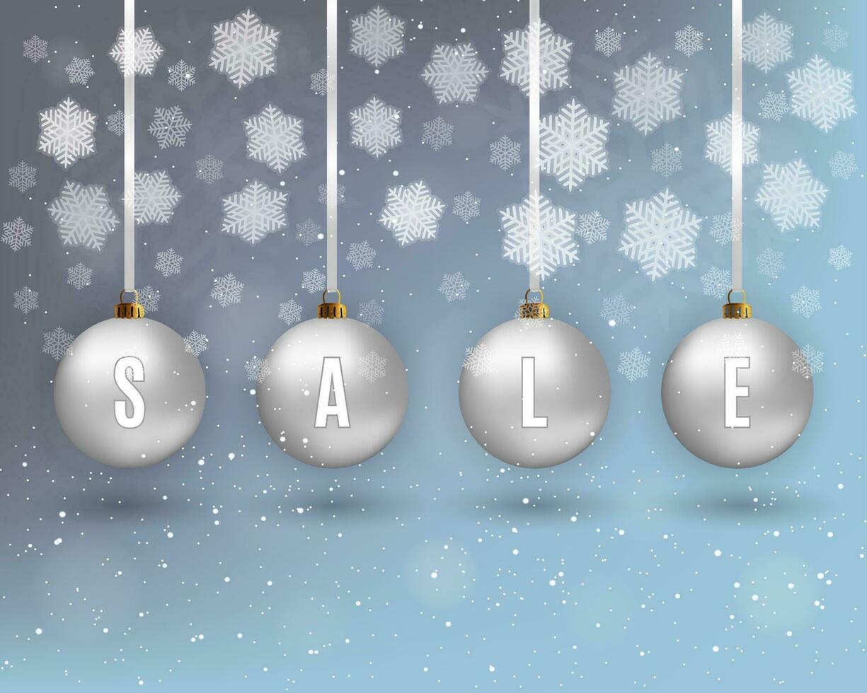 Four white christmas balls with ribons and sale text at light background with snow and snowflakes. Vector illustration, template for greeting  and postal card, promotion