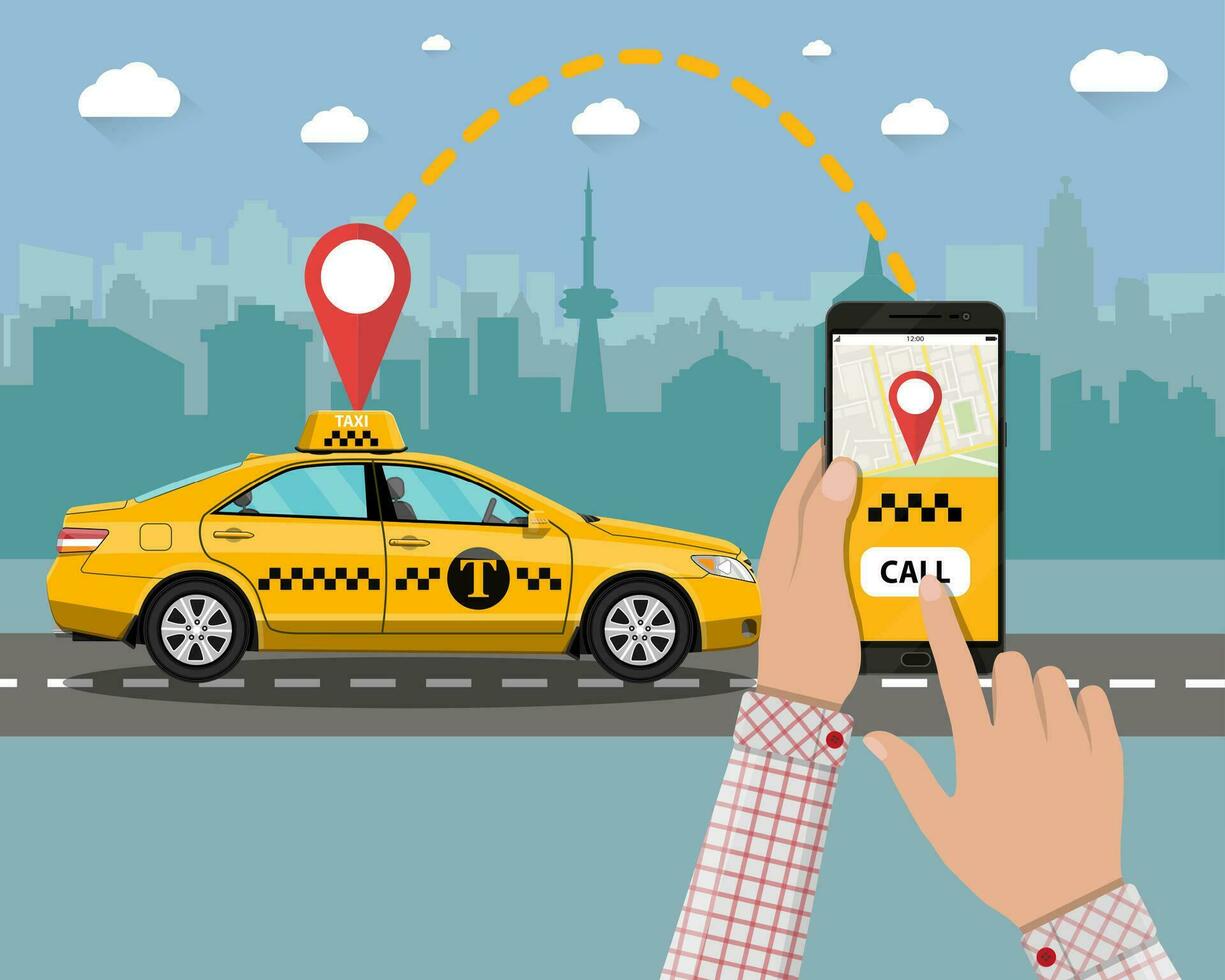 Yellow taxi cab. Hands with smartphone and taxi application, city silhouette with skyscrapers and tower, sky with clouds. Vector illustration in flat style