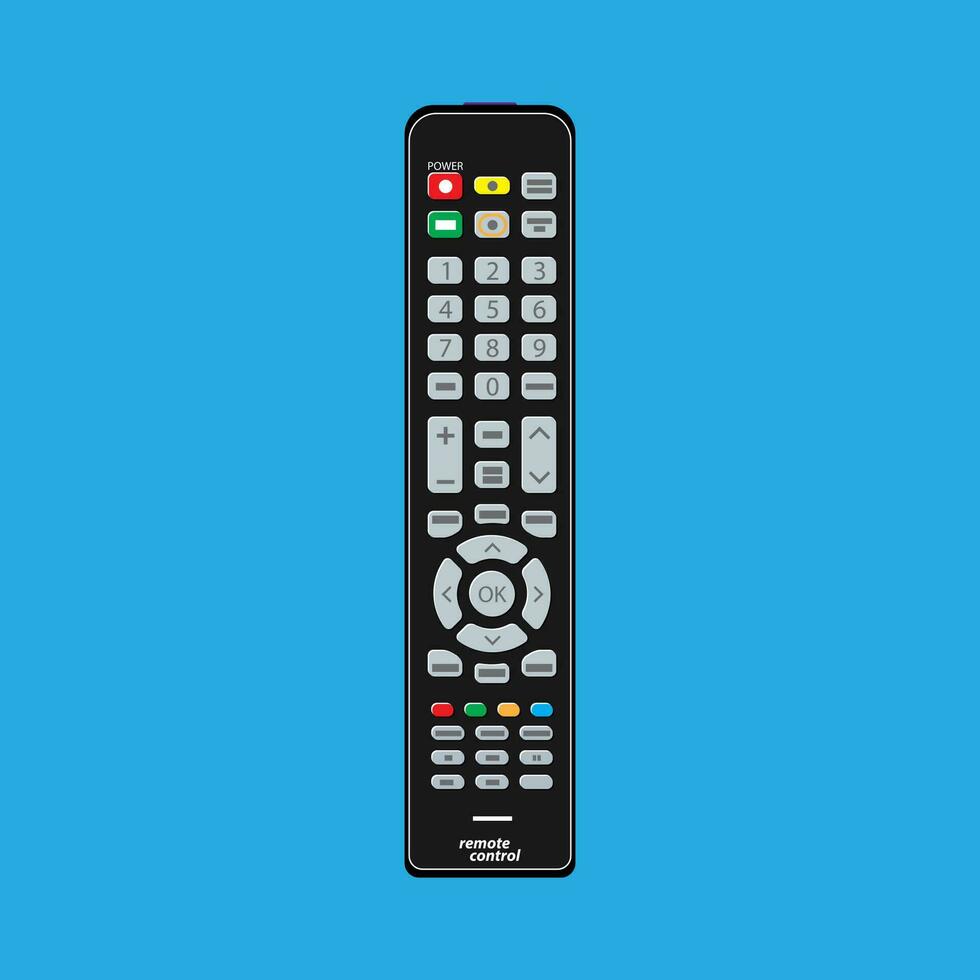 Black modern remote TV Control. Vector illustration in flat style on blue background