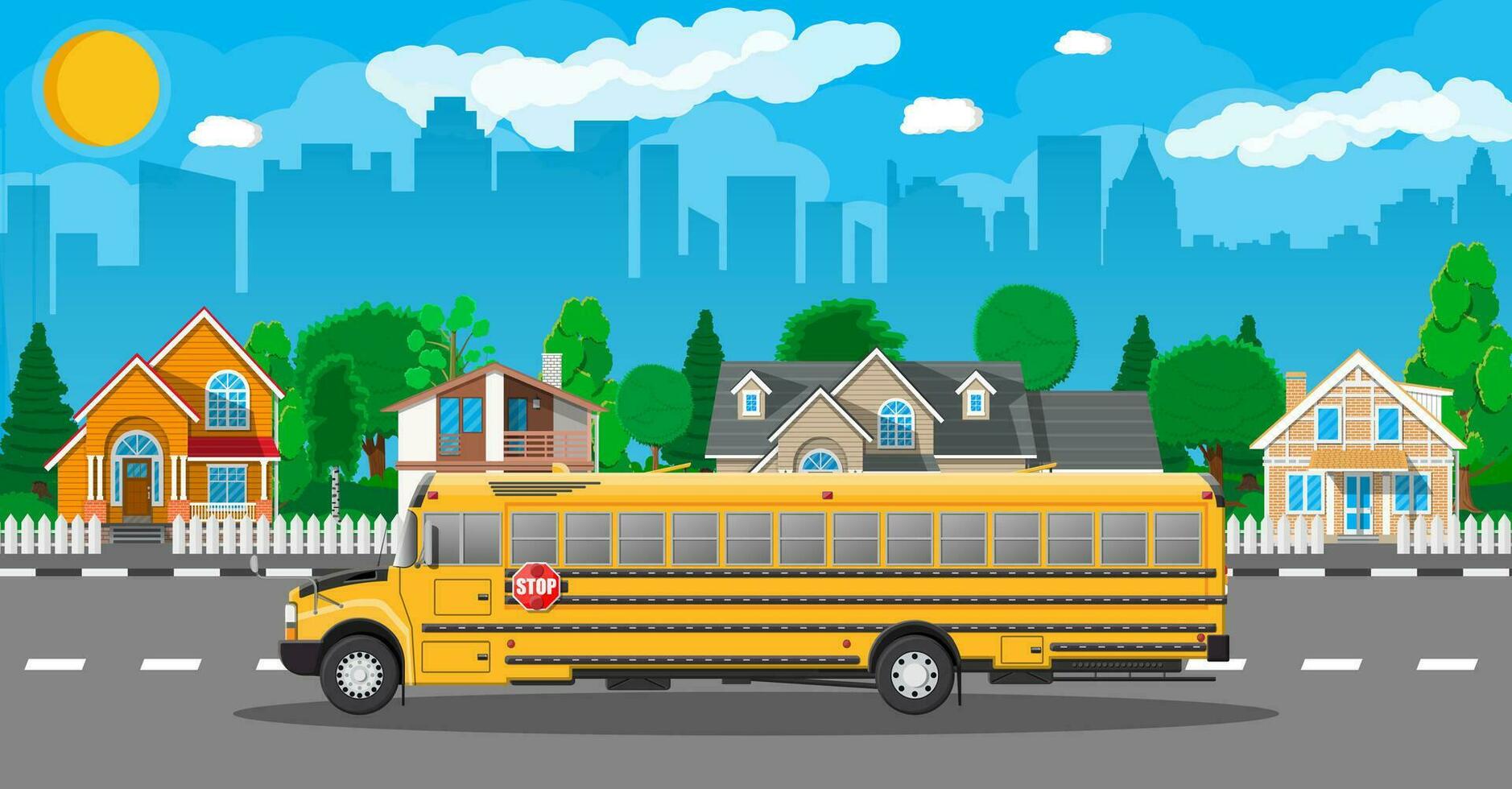 Yellow long classic school bus in city. Kids riding schoolbus transportation. Cityscape, road, buildings, tree, sky and sun. Vector illustration in flat style