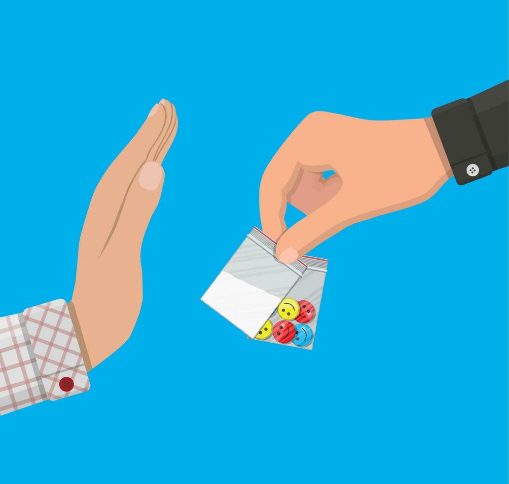 Hand of the drug dealer gives bag of narcotic pills and cocaine to other hand. Anti-drug concept. Rejection. Vector illustration in flat style