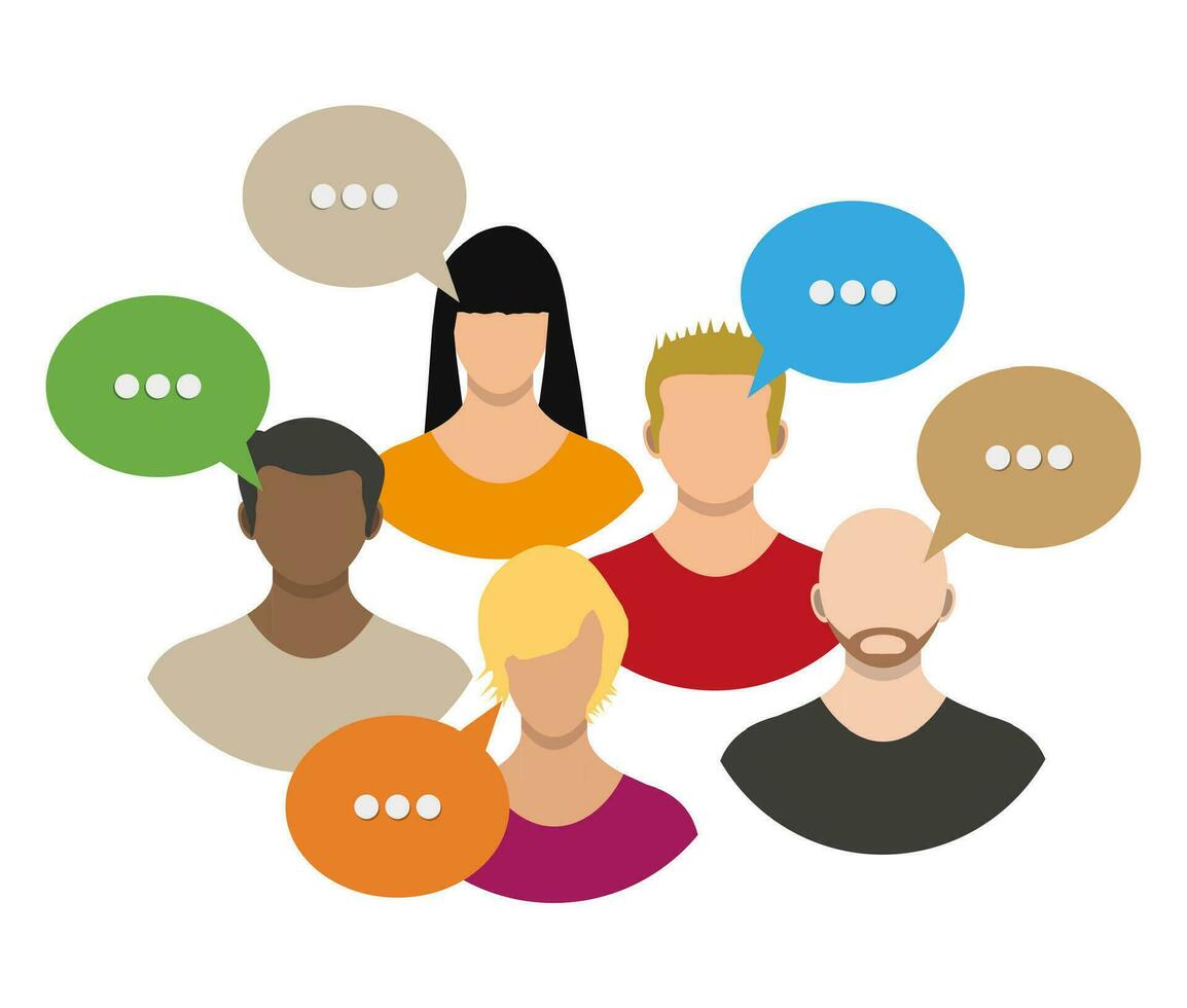 People avatar icons with dialog speech bubbles. Male and female faces avatars. Discussion group, people talking. Communication, chat, assistance. Vector illustration in flat style