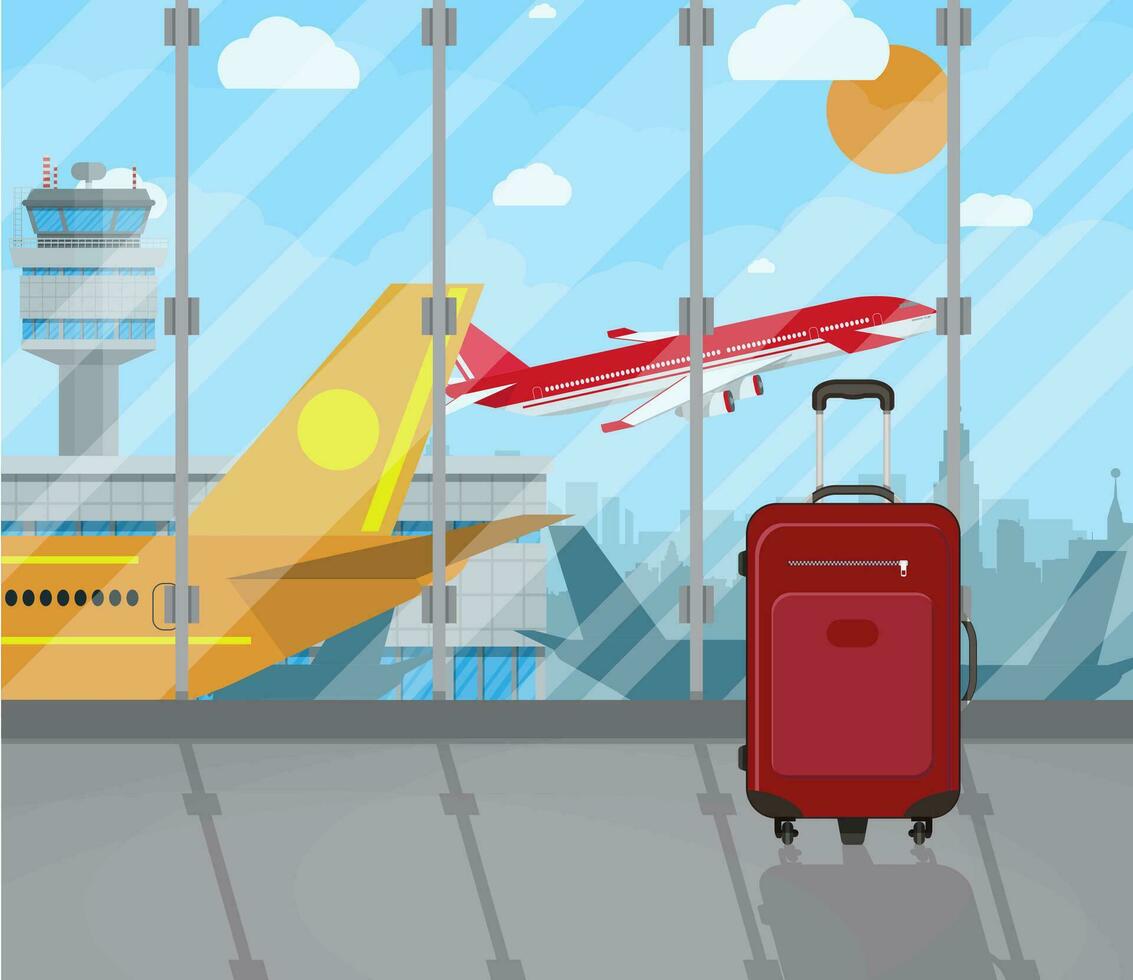 Travel suitcases inside of airport with a plane, control tower, cityscape in background. Travel, vacation, Business trip concept. Vector illustration in flat design.