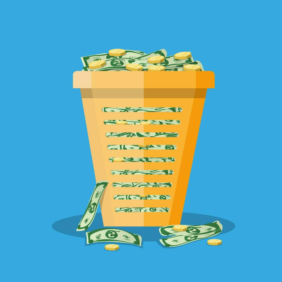 orange plastic office trash bin full of cash and gold coins. inflation concept. vector illustration in flat design on blue background