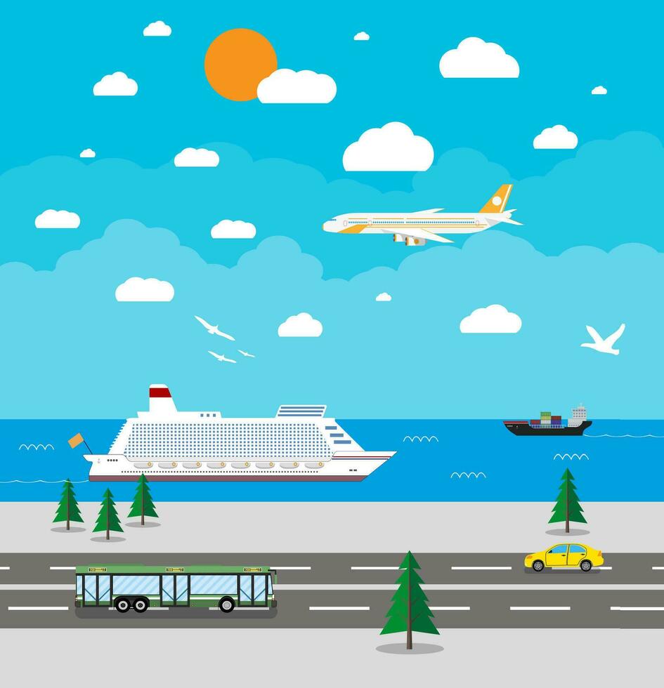 background with various types of transport, car, bus, airoplane, cruise ship. Different means of transportation. Travel concept. Vector illustration in flat design