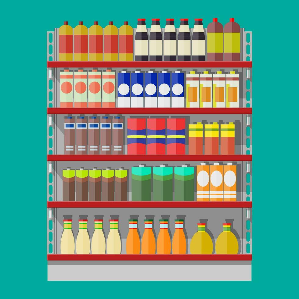 Supermarket shelves with groceries. Goods and products. Food and drinks in boxes and bottles. Various packages on racks. Mall, shop, retail store. Vector illustration in flat style