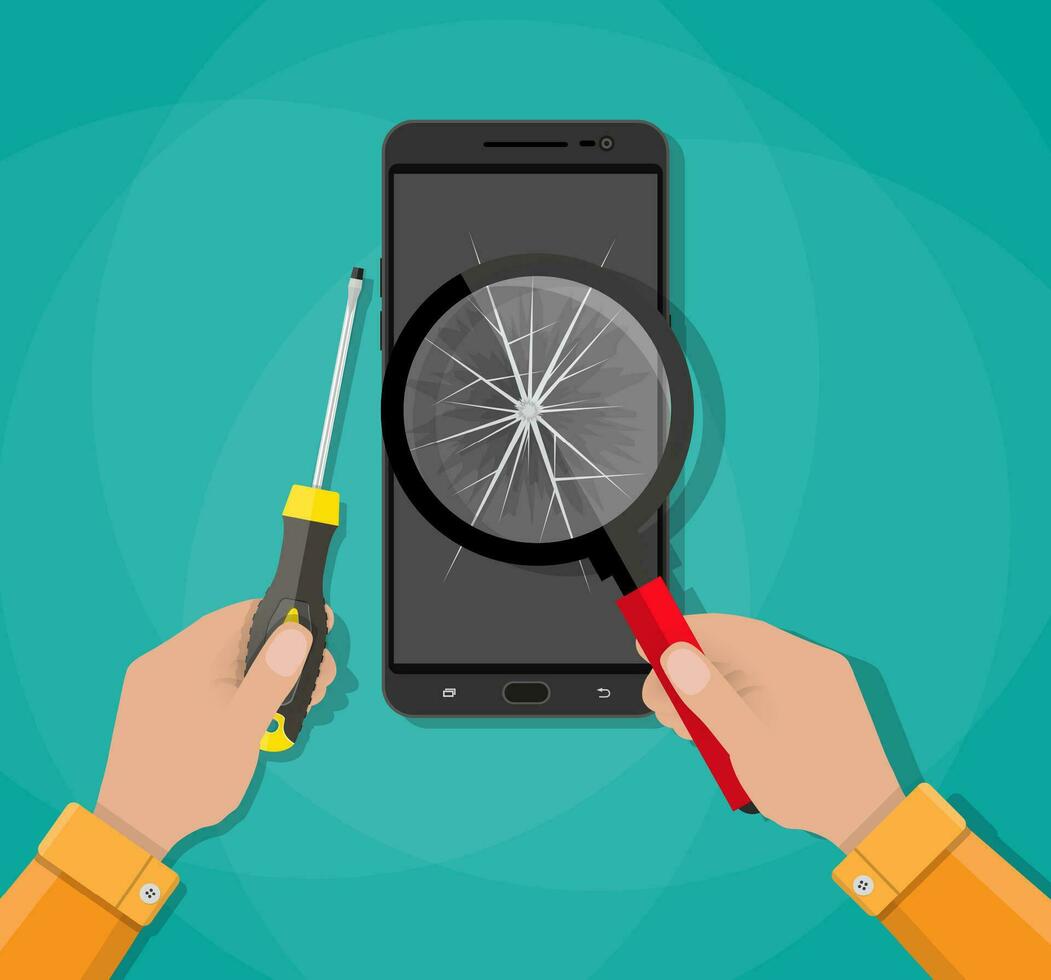 Hands with mobile phone with broken screen and screwdriver. fix phone service. vector illustration in flat style on green background
