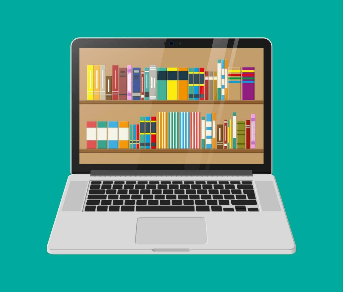Laptop and book shelf. Digital library, online book store, e-reading. Bookcase with different books. Vector illustration in flat style