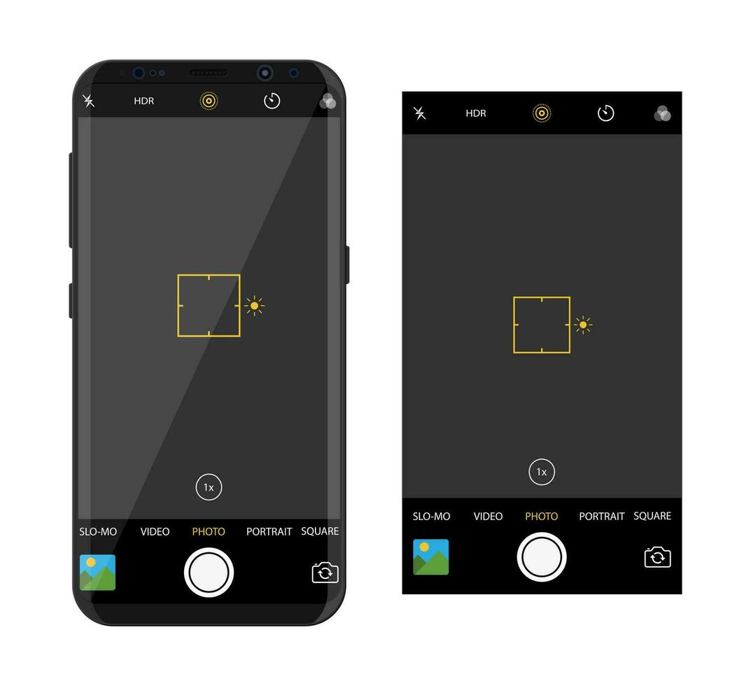 Modern smartphone with camera application. User interface of camera viewfinder. Focusing screen in recording time. Gallery, hdr, quality, image stabilization icon, ui. Vector illustration flat style