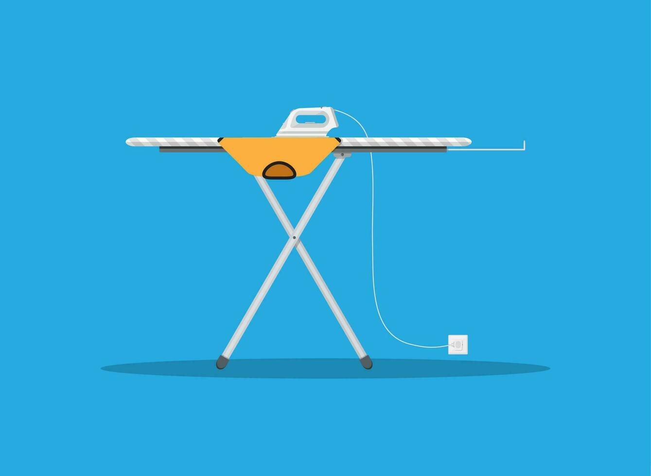 White modern iron and orange tshirt on ironing board, vector illustration in flat design on blue background