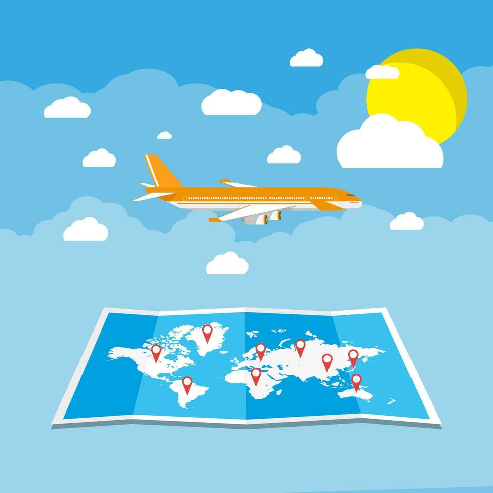 Travel concept. World map, airplane, sun in the sky with clouds on blue background. vector illustration in flat design