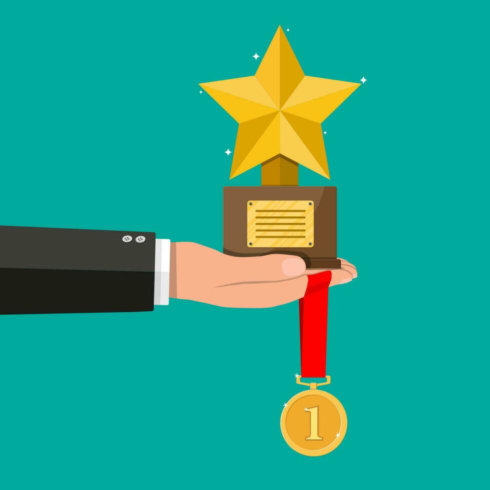 Trophy winner gold cup with wooden base in hand. Star shape. Award, victory, champion achievement. Gold medal with ribbon. Vector illustration in flat style