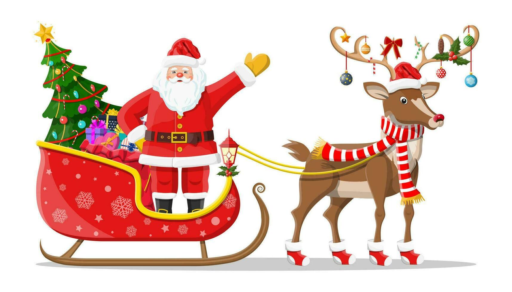 Santa claus on sleigh full of gifts, christmas tree and his reindeer. Happy new year decoration. Merry christmas holiday. New year and xmas celebration. Vector illustration in flat style